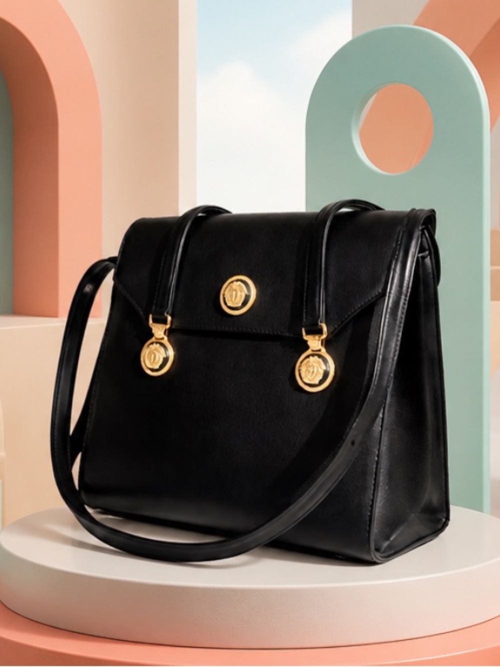 Versace Elegant Black Leather Handbag with Gold Medusa Accents.